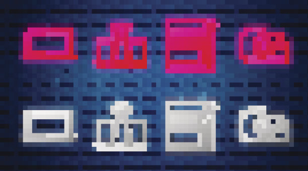 订线夹，空白笔记本和铅笔与橡皮擦，笔记本电脑和苏格兰。砖墙上发光的霓虹灯图标。向量图片下载