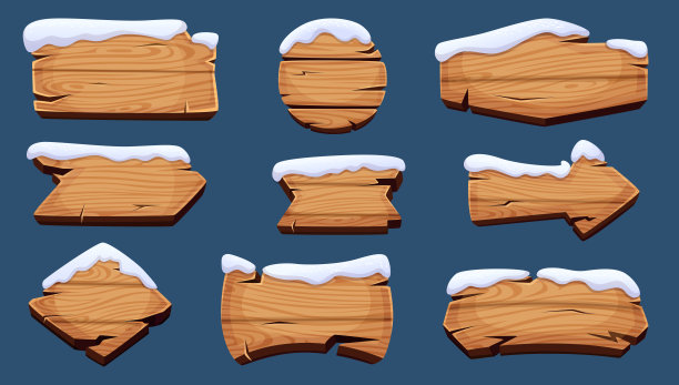 冬季签板。木制季节横幅与雪帽向量圣诞装饰图片下载