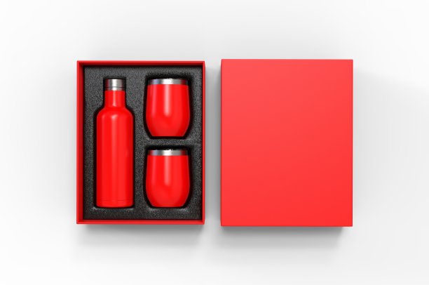空白绝缘不锈钢酒瓶和杯礼品盒为品牌。3d渲染插图。图片下载