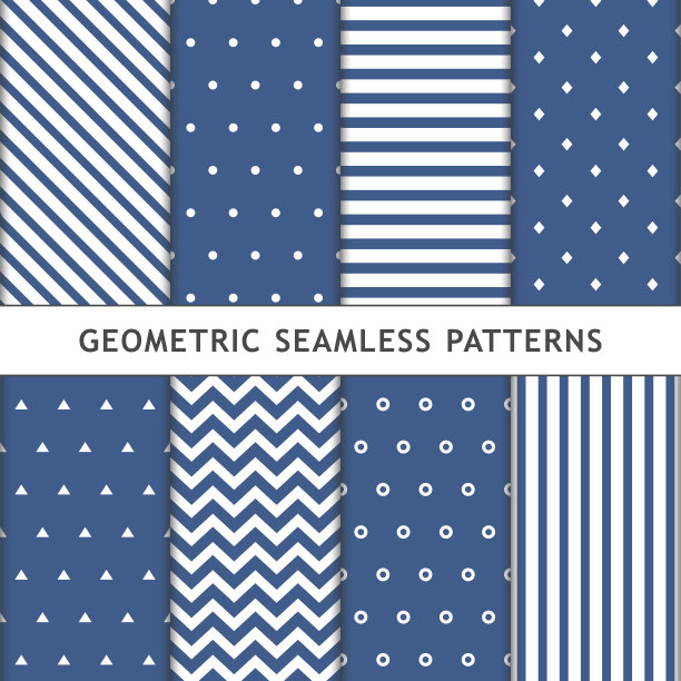 一套8几何无缝模式。蓝色和白色。点、立方体、三角形和直线。可用于纺织印花、包装纸等。矢量插图。图片下载