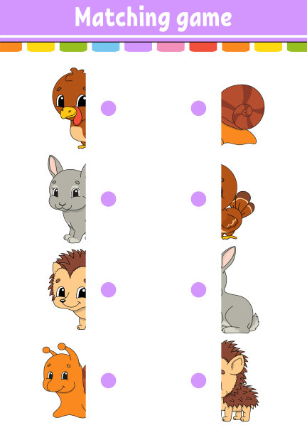 匹配的游戏。画一条线。教育发展工作表。活动页与彩色图片。儿童谜语。孤立的矢量图。有趣的角色。卡通风格。图片下载