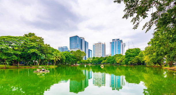 从市中心的隆皮尼公园可以看到曼谷的城市景观。全景照片的摩天大楼和未来的建筑从金属和玻璃。从朗皮尼公园的小湖看。新鲜的绿色植物。图片下载