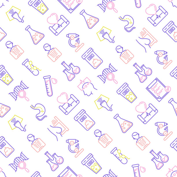 医学分析用细线图标无缝模式:血检、尿检、大便、心电图、乳房x光、精子、DNA、超声波、脑电图、x光、胃镜。矢量插图实验室网页。图片下载