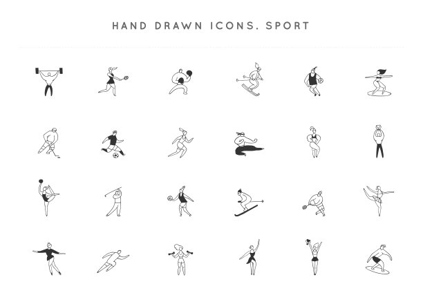 一组矢量手绘图标。人们从事不同的运动。积极的生活方式。图片下载