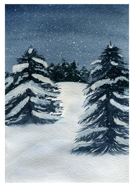 冬季景观有常青树和雪，水彩画冬季森林景色图片下载