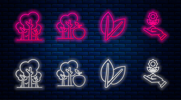 树与苹果，树叶，树木和手握花。砖墙上发光的霓虹灯图标。向量图片下载