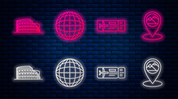 设置线地球仪，机票，罗马体育馆，意大利和地图指针与山。砖墙上发光的霓虹灯图标。向量图片下载