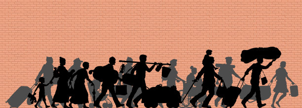 行走的难民在砖墙前剪影图片下载