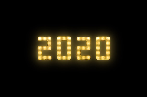 黄色霓虹灯发光的2020标志在黑色图片下载