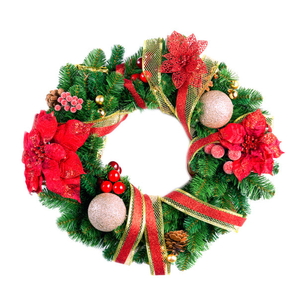 圣诞花环与装饰孤立在白色背景。图片下载