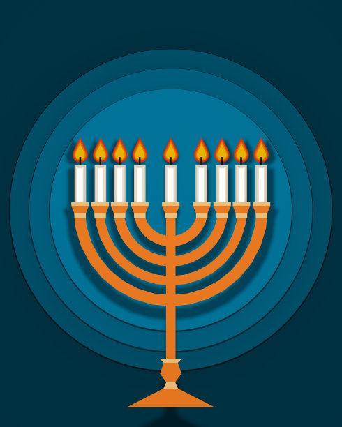 光明节烛台传统犹太宗教符号在蓝色背景的3D插图图片下载