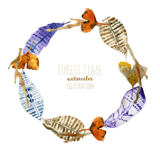 水彩羽毛和森林自然元素的花环，手绘在一个白色的背景图片下载