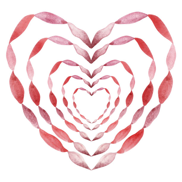 水彩手画浪漫的花框架3d组成与五个心形粉红色和红色花瓣孤立在白色的背景为圣瓦伦丁节节日庆祝卡图片下载