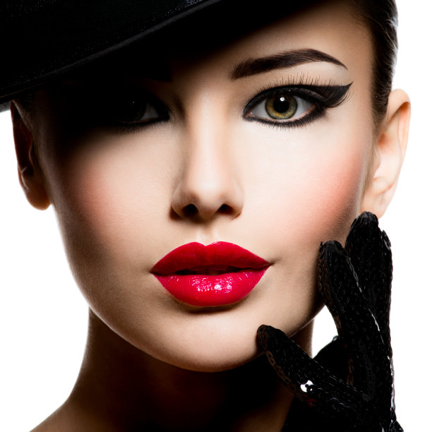Ð“一个戴着黑帽子，戴着手套，红唇的女人的照片”图片下载