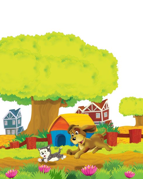 卡通场景与狗有乐趣在农场的白色背景图片下载