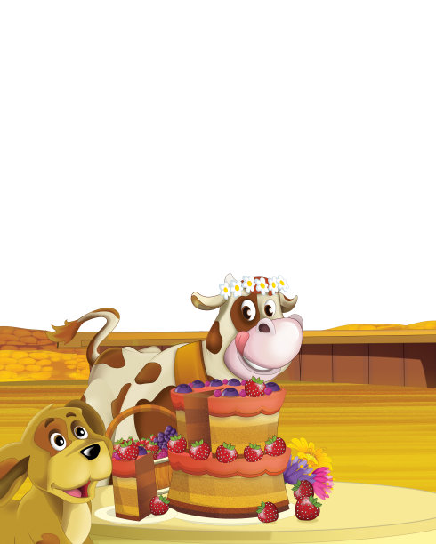 卡通场景与牛有乐趣在农场上的白色背景图片下载