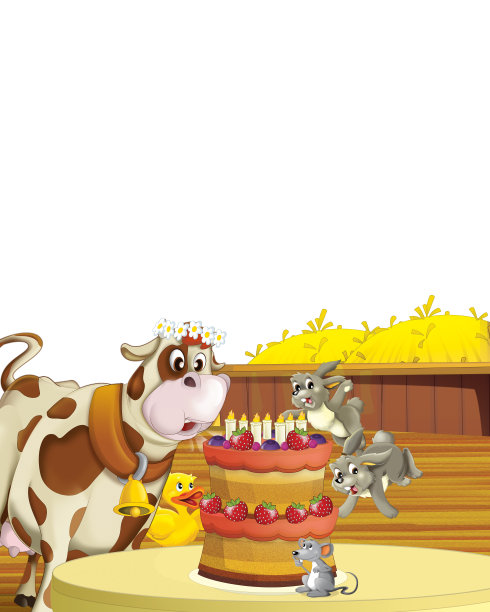 卡通场景与牛有乐趣在农场上的白色背景图片下载