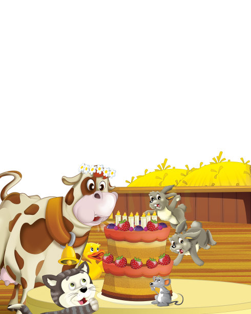 卡通场景与牛有乐趣在农场上的白色背景图片下载