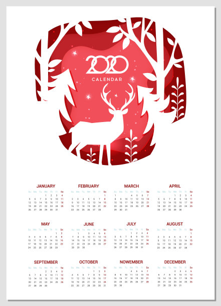 2020年日历矢量基本网格。冬季剪纸工艺设计。矢量图图片下载