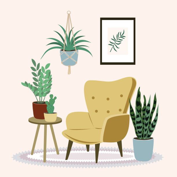 舒适的室内植物，咖啡桌，舒适的扶手椅和家居装饰。舒适的室内装饰在斯堪的纳维亚风格。平面向量。图片下载