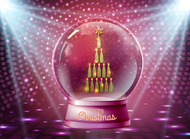 真实的矢量插图的雪球与金色香槟瓶金字塔里面。假日闪耀的背景图片下载