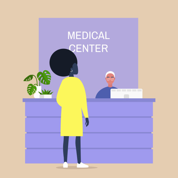 医疗中心的前台，年轻的黑人女性角色等待医生的预约，保健和生活方式图片下载