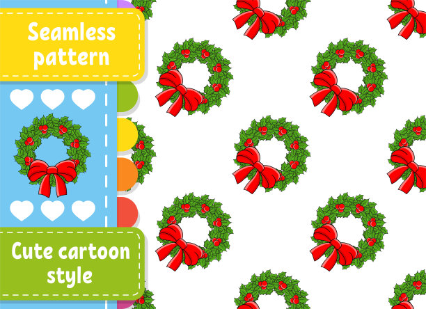 用冬青树叶和浆果编成的圣诞花环，用蝴蝶结装饰。彩色无缝模式。卡通风格。新年的主题。矢量插图孤立在白色背景。图片下载