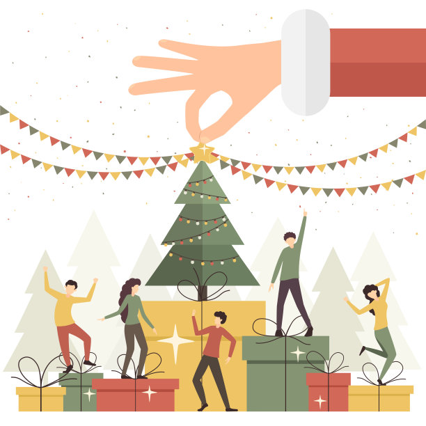 跳舞的人和装饰圣诞树的圣诞老人图片下载