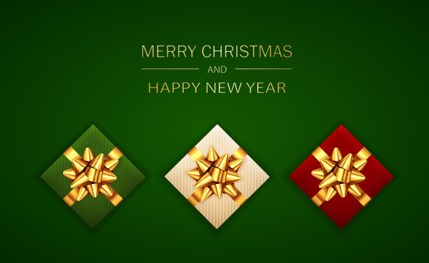 圣诞的字母和礼物与金色的假日鞠躬在绿色的背景图片下载