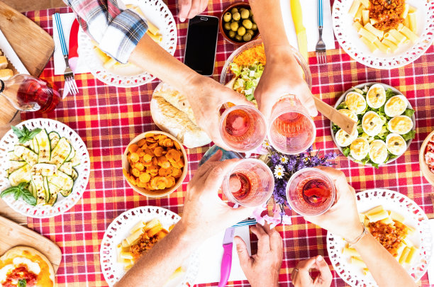 四个人一起在户外享用食物，喝着玫瑰酒干杯。乡村的角落，木制的桌子和格子桌布。素食餐。图片下载