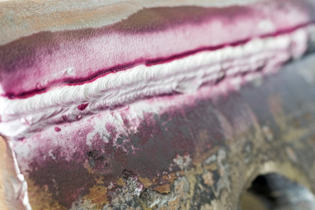 非破坏性测试的液体渗透测试方法观察热影响区（顶部焊接边缘）的纵向裂纹图片下载