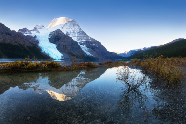 远处全景的伯格湖和雪山罗布森山顶在贾斯珀国家公园加拿大落基山脉。雄伟的罗布森山，罗布森山省公园，加拿大不列颠哥伦比亚省图片下载