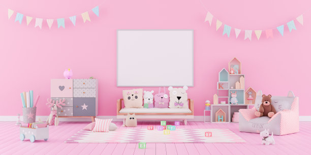 儿童房室内设计采用粉色柔和的色彩。小女孩的房间。三维渲染图片下载