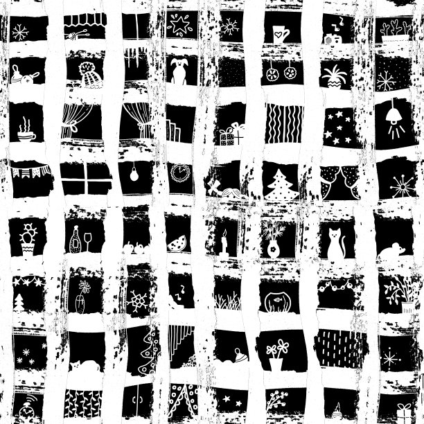 无缝图案抽象的节日窗户，圣诞树的剪影，雪花，花环，星星，猫，花。手绘插画，圣诞及新年产品设计。图片下载