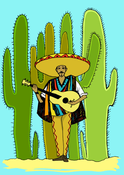 墨西哥矢量插图手绘仙人掌吉他雨披图片下载