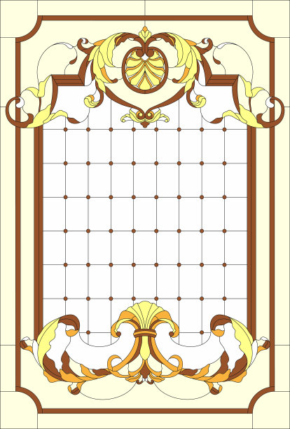 矩形框架内的彩色玻璃面板。经典的窗户，抽象的花蕾和叶的安排在新艺术风格。彩色玻璃窗户。图片下载