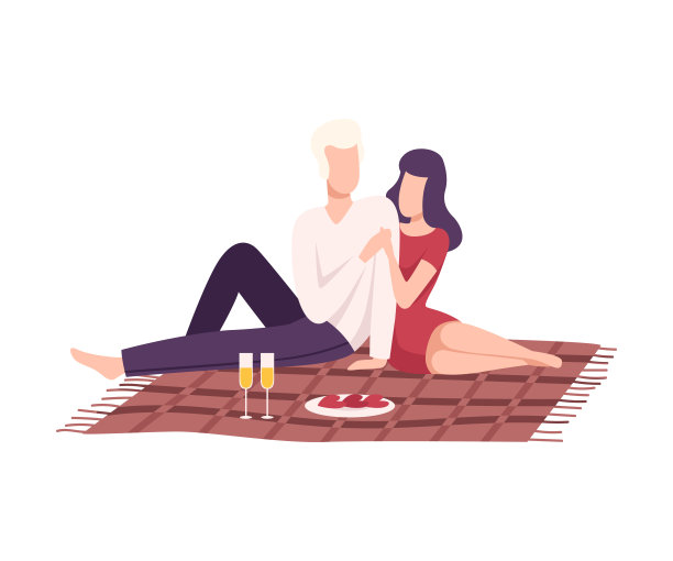 在公园里野餐的恩爱情侣，男女角色在户外饮酒放松扁平矢量插画图片下载