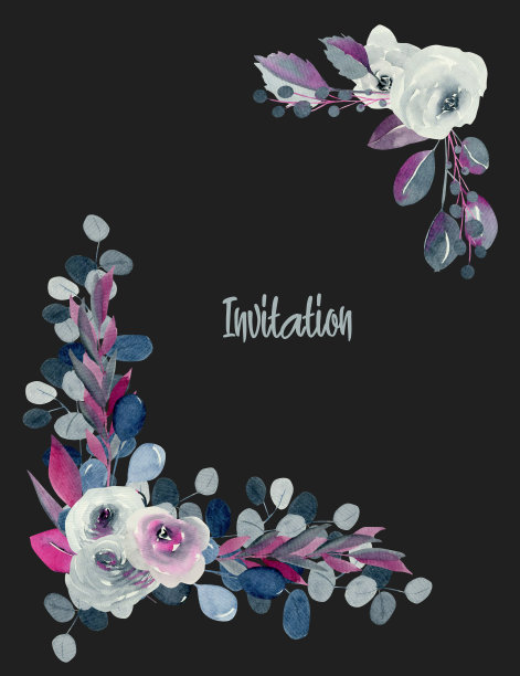 水彩、靛蓝和深红色玫瑰和植物的花角边，手绘在一个黑暗的背景，邀请卡设计图片下载