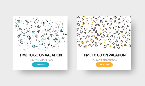 以旅游、周末和暑假为主题的矢量方形横幅设计，带有线性图标的图案。图片下载