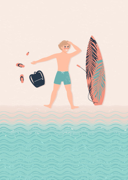 年轻快乐的金发男人穿着泳衣躺在海滩上，放松在他的冲浪板旁边。冲浪者。图片下载