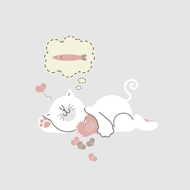可爱可爱的手画猫抱心和想着鱼，情人节快乐，爱的概念图片下载