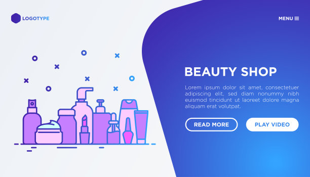 美容店网页模板与细线图标:皮肤护理，霜，凝胶，有机化妆品，化妆，皂液，指甲护理，面油，磨砂膏，洗发水。现代向量插图。图片下载