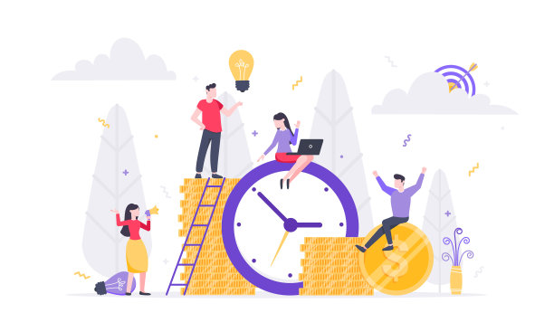 小人角色与时钟、人物和金钱符号一起工作。团队合作和时间管理概念平面风格设计矢量插图孤立的白色背景。图片下载