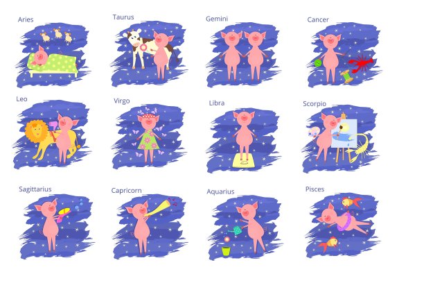一套有趣和可爱的卡通矢量生肖与猪。白羊座、金牛座、双子座、巨蟹座、狮子座、处女座、天秤座、天蝎座、射手座、摩羯座、水瓶座、双鱼座。图片下载