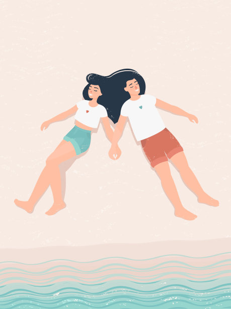 有爱的年轻人手牵着手躺在海边的沙滩上图片下载
