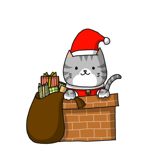 圣诞节的猫。快乐的圣诞猫拿着一个装满礼物的大袋子。圣诞季节。孤立的手绘矢量。图片下载