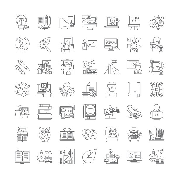 在线教育线性图标、符号、矢量线插图符号集图片下载