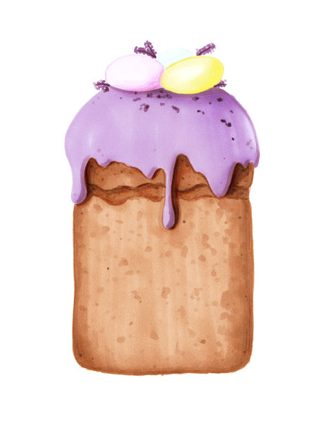 白色背景上有紫色釉和鸡蛋的复活节蛋糕。这是东正教节日的一个元素，用于贺卡、海报、织物。美味的蛋糕。图片下载