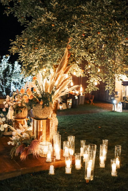 晚上的婚礼。有发光蜡烛的照片区图片下载