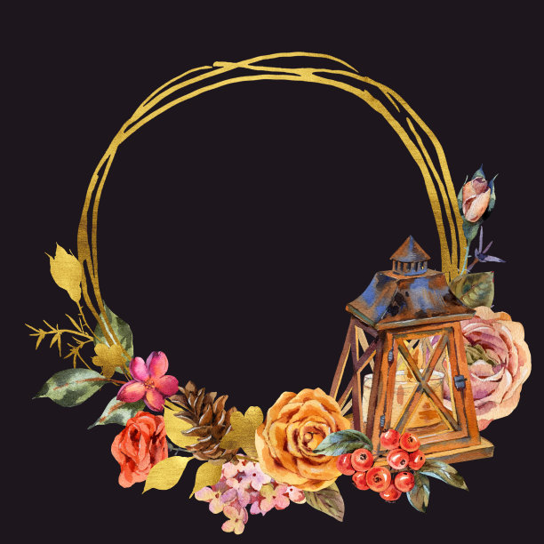 水彩花卉金框架与古董木灯笼，玫瑰和野花。图片下载